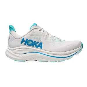 White and turquoise HOKA running shoe featuring a thick, cushioned sole for support and comfort, with a prominently displayed brand logo on the side.