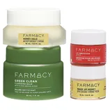 Farmacy skincare products shown: Honey Halo Moisturizer (15 ml), Green Clean Cleansing Balm (30 ml), Lip Smoothie in Apple (6 g), and Wake Up Honey Eye Cream (5 ml).