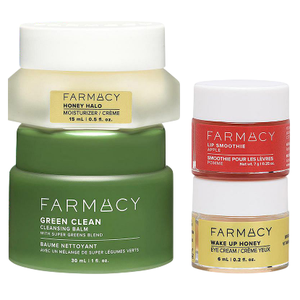 Farmacy skincare products shown: Honey Halo Moisturizer (15 ml), Green Clean Cleansing Balm (30 ml), Lip Smoothie in Apple (6 g), and Wake Up Honey Eye Cream (5 ml).