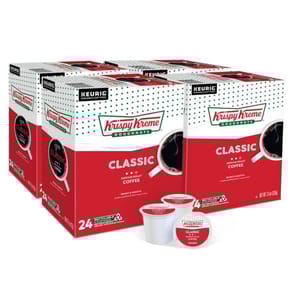 Two boxes of Krispy Kreme Classic medium roast coffee Keurig K-Cup pods, with 24 cups in each box.