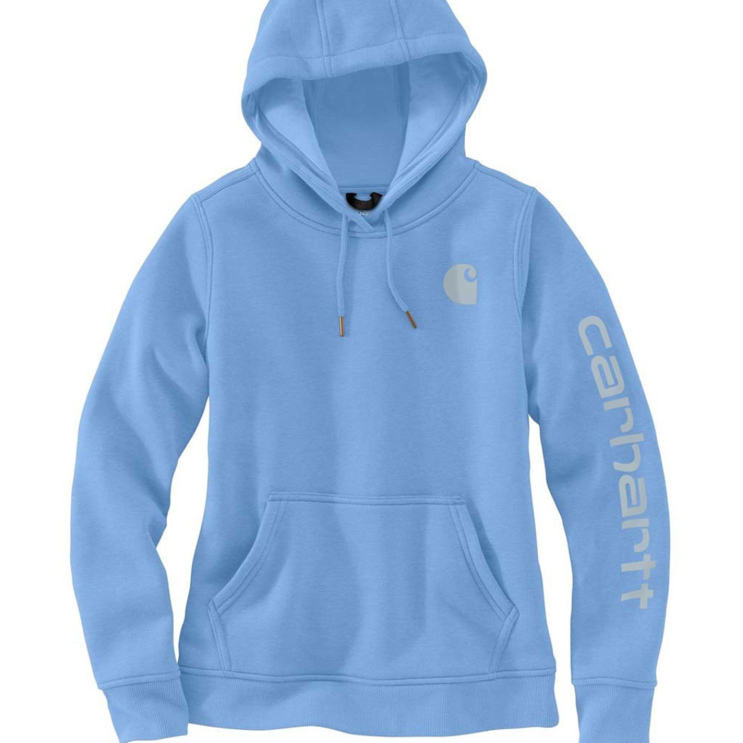 Light blue Carhartt hoodie with a drawstring hood and front pocket. Features the Carhartt logo on the chest and sleeve.