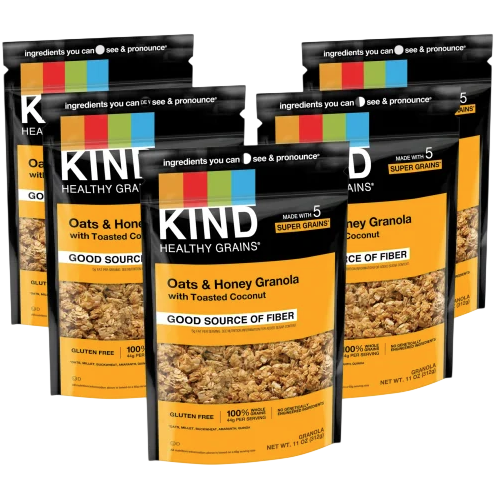 KIND Healthy Grains Oats & Honey Granola with Toasted Coconut, gluten-free and a good source of fiber, shown in multiple 11-ounce packages.
