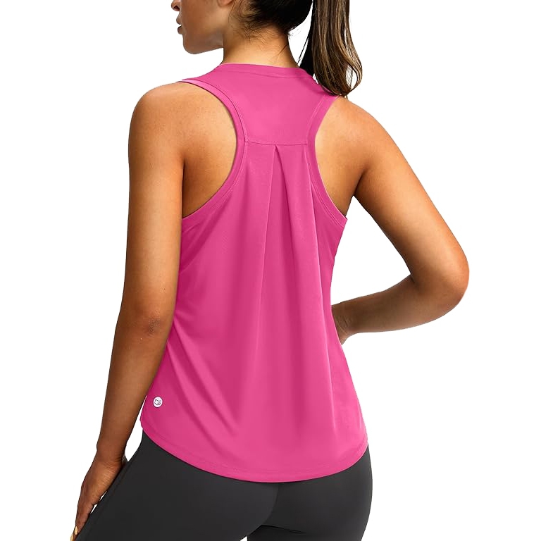 Pink racerback tank top featuring a loose fit and pleated back detail, paired with black leggings.