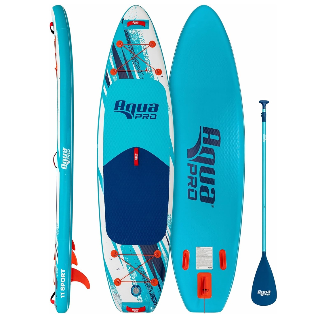 Aqua PRO Halcyon Sport 10' 6\“ Paddleboard features a vibrant blue design with a non-slip deck pad, bungee tie-downs, and an adjustable paddle. It includes a side view showing fins and branding.