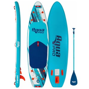 Aqua PRO Halcyon Sport 10' 6\“ Paddleboard features a vibrant blue design with a non-slip deck pad, bungee tie-downs, and an adjustable paddle. It includes a side view showing fins and branding.
