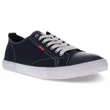 A navy blue Levi's sneaker with white laces and a rubber sole, featuring white stitching and a red Levi's tag on the side.
