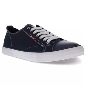 A navy blue Levi's sneaker with white laces and a rubber sole, featuring white stitching and a red Levi's tag on the side.