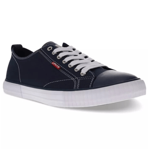 A navy blue Levi's sneaker with white laces and a rubber sole, featuring white stitching and a red Levi's tag on the side.