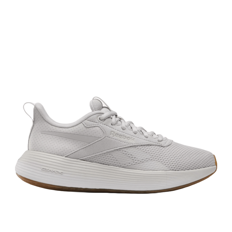 Reebok DMX Comfort+ Walking Shoes in light gray feature a mesh and synthetic upper for breathability, DMX cushioning for comfort, and a durable rubber outsole.