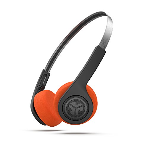 JLab Retro Wireless Headphones feature an adjustable headband, black and orange color scheme, and on-ear foam cushions. The headphones include a straightforward design with a sleek frame for wireless connectivity.