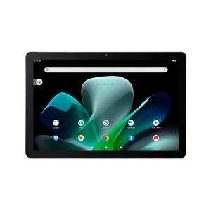 Tablet with a touchscreen display featuring various app icons, including Google, Meet, Assistant, and Play Store, on a dark background with a date and time displayed at the top.