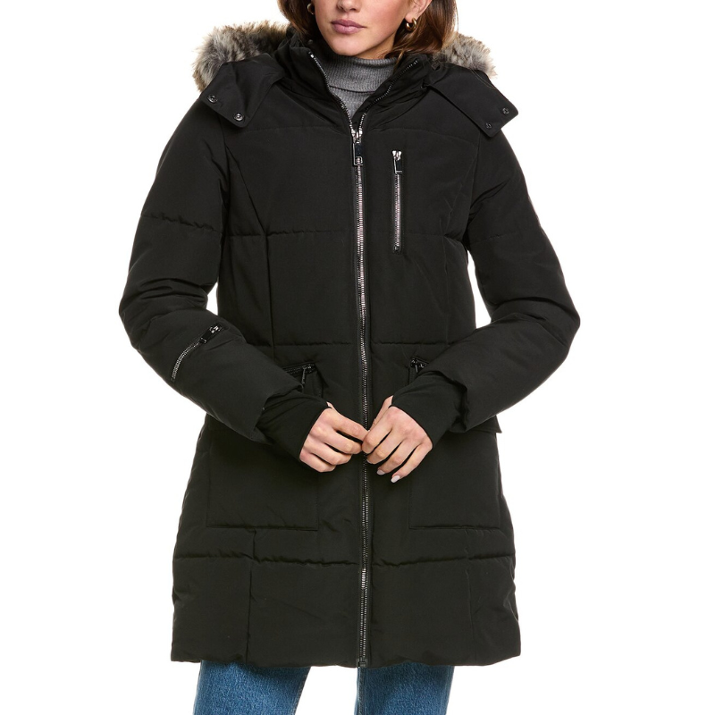 Nautica Heavyweight Mist Coat is a black knee-length puffer jacket with a faux fur-lined hood, featuring a front zipper closure, multiple zippered pockets, and extended cuffs for added warmth.