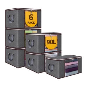 A set of six gray fabric storage boxes with lids and two tags indicating a 6-pack and 90L capacity.