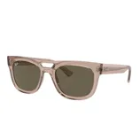 Pair of rectangular sunglasses with transparent pink frames and dark lenses.
