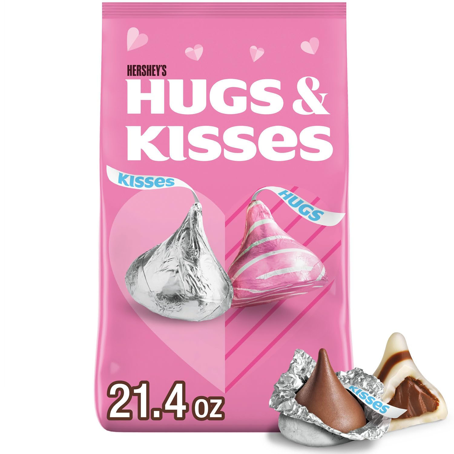 Hershey's Hugs & Kisses bag, featuring silver-wrapped Kisses and pink-striped Hugs chocolates. The package size is 21.4 oz.