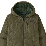 A khaki-colored quilted jacket with a hood, featuring a front zipper, chest pocket, and a small embroidered logo on the left chest.