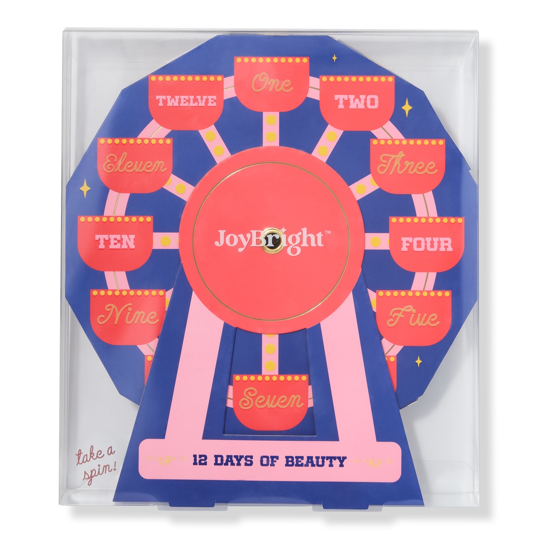 A \“JoyBright 12 Days of Beauty\“ set designed like a Ferris wheel features numbered compartments one to twelve for beauty products.