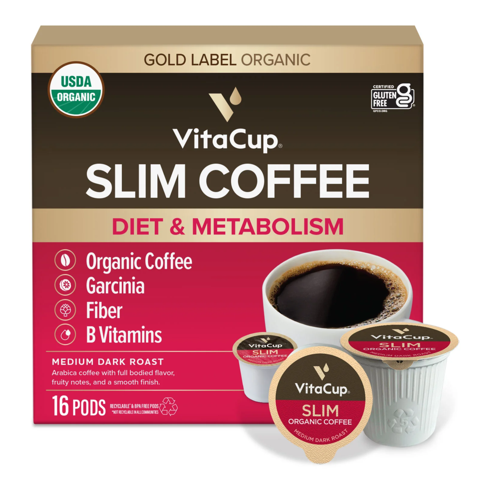 VitaCup Slim Coffee: Diet & Metabolism blend with organic coffee, Garcinia, fiber, and B vitamins. Medium dark roast, USDA Organic, gluten-free, comes in 16 recyclable pods.