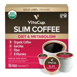 VitaCup Slim Coffee: Diet & Metabolism blend with organic coffee, Garcinia, fiber, and B vitamins. Medium dark roast, USDA Organic, gluten-free, comes in 16 recyclable pods.