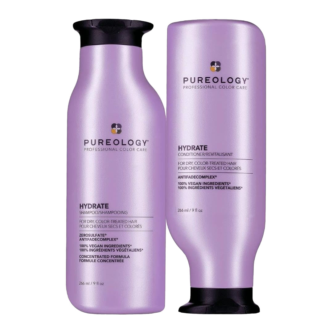 Pureology Hydrate Shampoo and Conditioner are designed for dry, color-treated hair, featuring an anti-fade complex and vegan ingredients. Each bottle contains 266 ml (9 fl oz).
