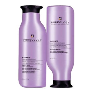 Pureology Hydrate Shampoo and Conditioner are designed for dry, color-treated hair, featuring an anti-fade complex and vegan ingredients. Each bottle contains 266 ml (9 fl oz).