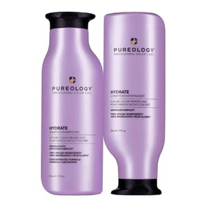Pureology Hydrate Shampoo and Conditioner are designed for dry, color-treated hair, featuring an anti-fade complex and vegan ingredients. Each bottle contains 266 ml (9 fl oz).