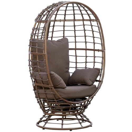 A brown outdoor rotating egg chair with a wicker frame and padded cushions, designed for comfort and style in a spherical, open-weave structure.