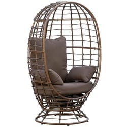 A brown outdoor rotating egg chair with a wicker frame and padded cushions, designed for comfort and style in a spherical, open-weave structure.