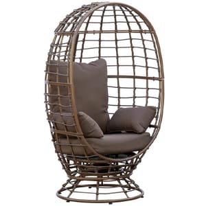A brown outdoor rotating egg chair with a wicker frame and padded cushions, designed for comfort and style in a spherical, open-weave structure.