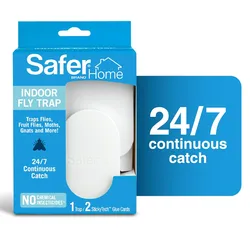 Safer Brand Indoor Fly Trap, a continuous catch system for flies, fruit flies, moths, gnats without chemical insecticides. Includes one trap and two glue cards.