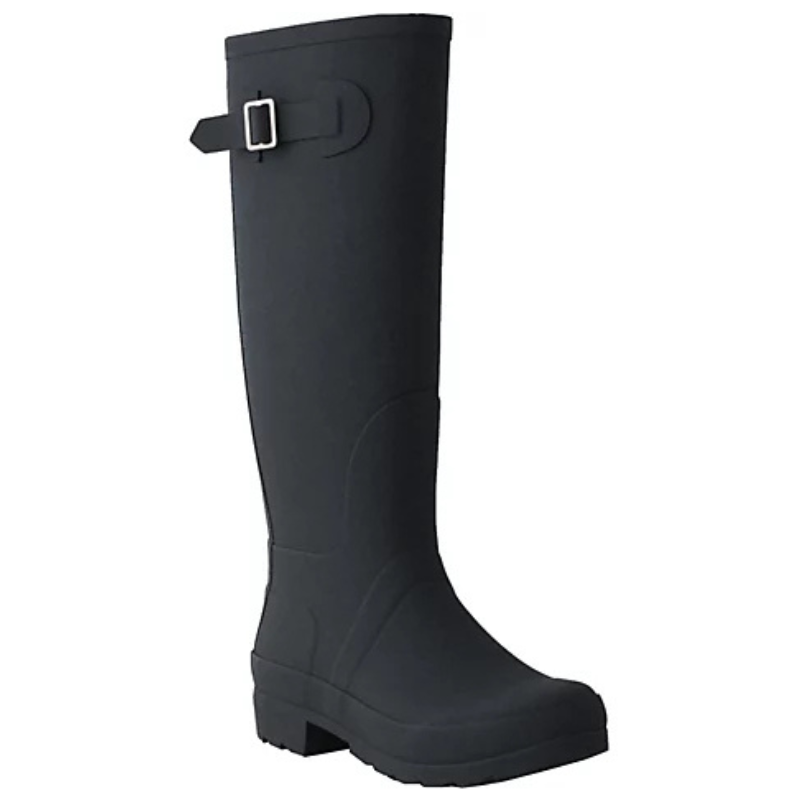 Black knee-high waterproof rain boots with a buckle strap near the top, featuring a sleek design and a sturdy sole.