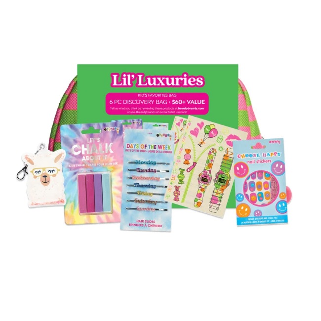 Lil' Luxuries Kid's Favorites Bag includes hair chalk, day-themed hair slides, fun stickers, a llama keychain, and colorful nail stickers, all valued at $60+.