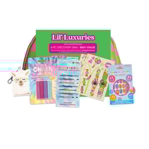 Lil' Luxuries Kid's Favorites Bag includes hair chalk, day-themed hair slides, fun stickers, a llama keychain, and colorful nail stickers, all valued at $60+.