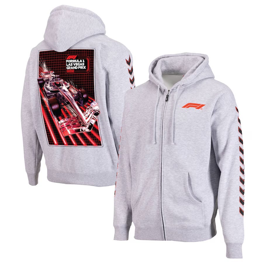 Gray zip-up hoodie featuring a Formula 1 Las Vegas Grand Prix design with a race car graphic on the back, red F1 logo on the front, and chevron patterns on the sleeves.