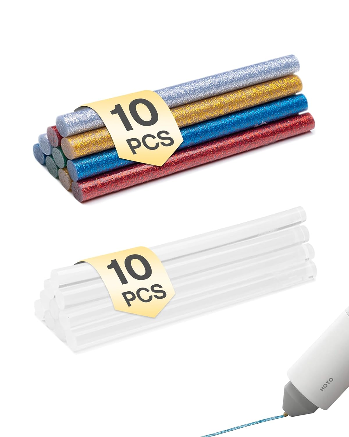 Two sets of 10 glue sticks: one with glitter in silver, gold, blue, and red, and the other with plain transparent sticks. Accompanied by a hot glue pen.