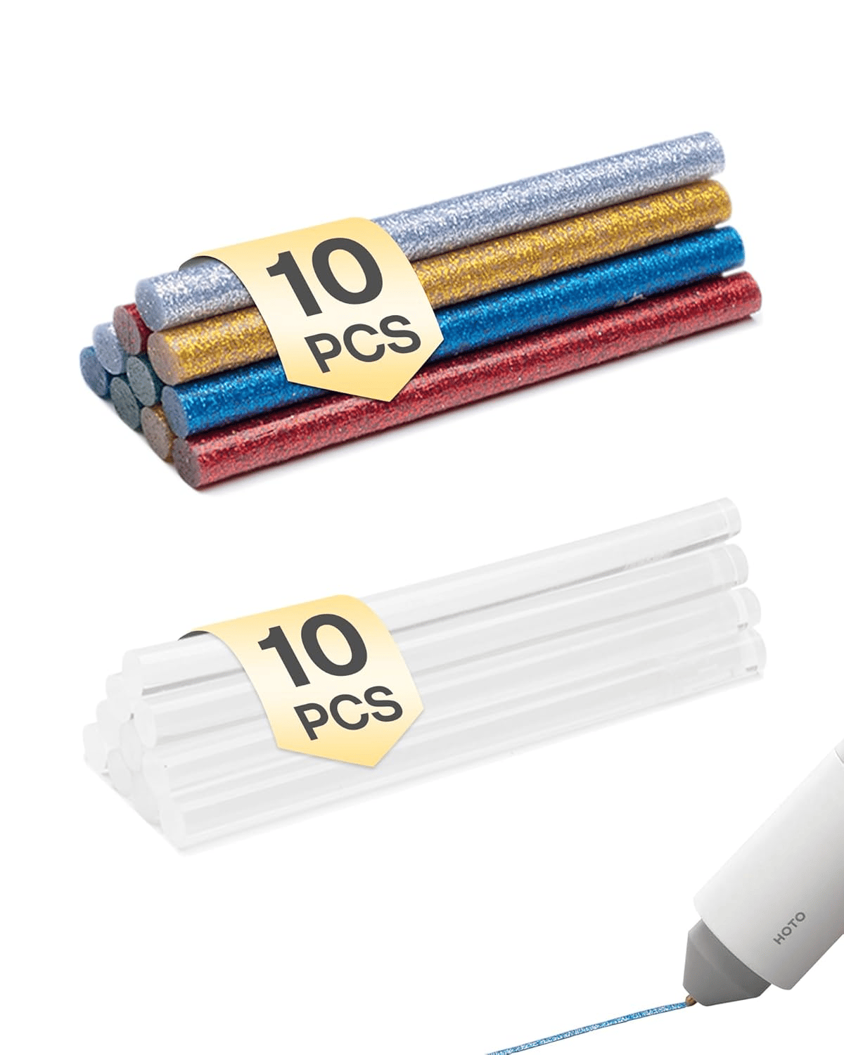 Two sets of 10 glue sticks: one with glitter in silver, gold, blue, and red, and the other with plain transparent sticks. Accompanied by a hot glue pen.