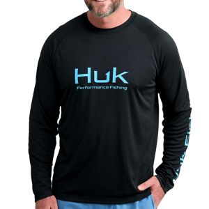 Black long-sleeve shirt with blue \“Huk Performance Fishing\“ text on the front and sleeve.