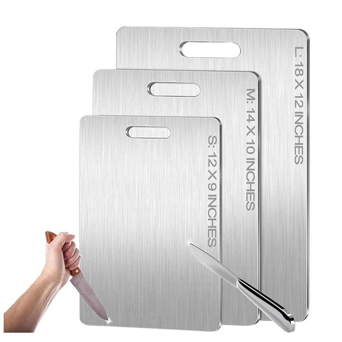 Set of stainless steel cutting boards with sizes: S: 12x9 inches, M: 14x10 inches, L: 18x12 inches, featuring a handled design; includes a hand holding a knife.