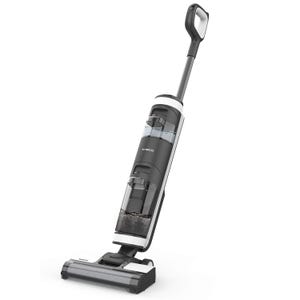 A cordless vacuum cleaner with a sleek design, featuring dual tank water system and a handle for easy maneuverability.