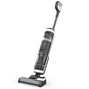 A cordless vacuum cleaner with a sleek design, featuring dual tank water system and a handle for easy maneuverability.