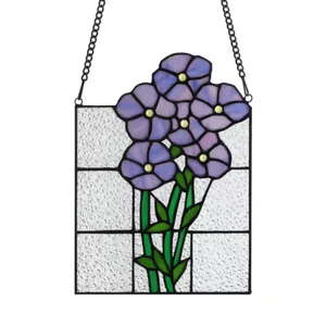 Stained glass panel featuring a design of purple flowers with green stems and leaves, set against a textured, clear background in a rectangular shape.