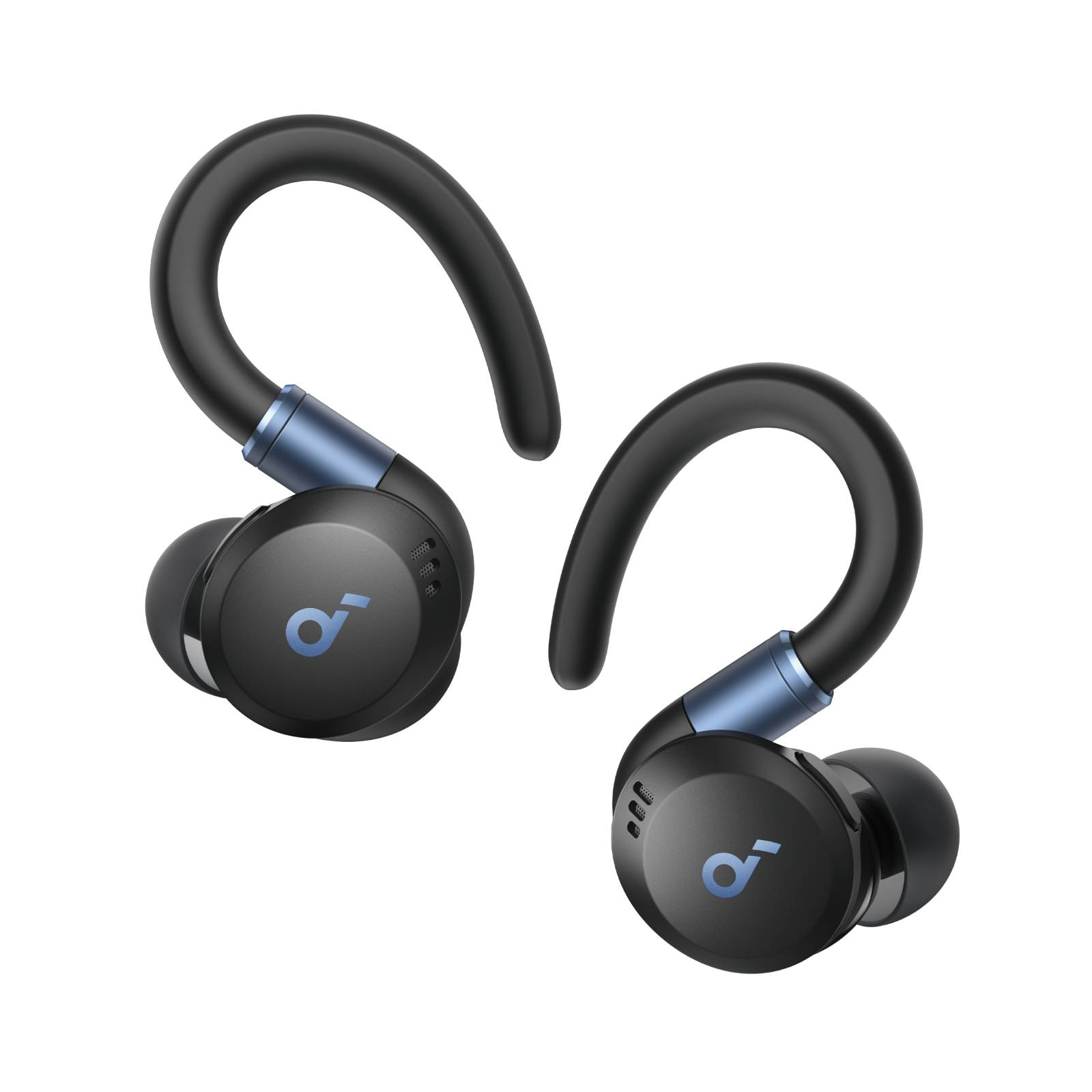 Wireless earbuds with over-ear hooks in black and blue, featuring a sleek design and a logo on the outward-facing side.