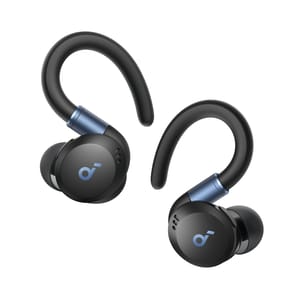 Wireless earbuds with over-ear hooks in black and blue, featuring a sleek design and a logo on the outward-facing side.