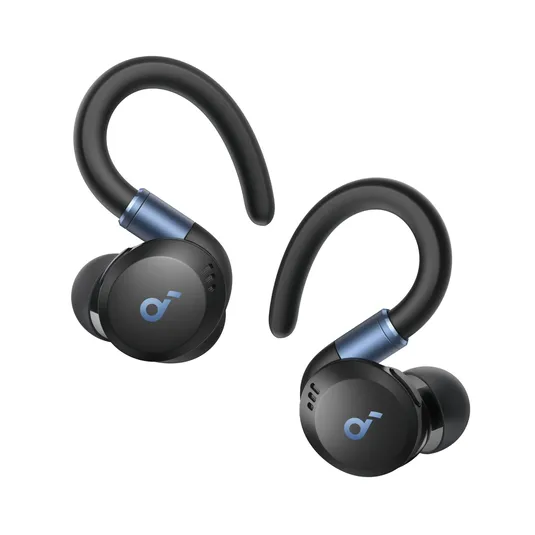 Wireless earbuds with over-ear hooks in black and blue, featuring a sleek design and a logo on the outward-facing side.