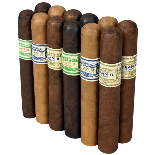A selection of cigars labeled \“Plan B\“ in three varieties: Connecticut, Maduro, and Habano. Each type is identified by its distinct band color.