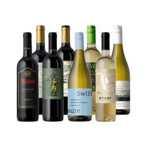 Assorted wine bottles featuring a mix of red and white varieties, including brands like Mildiani, Juggling Act, and Swift Shore, with diverse labels and packaging designs.