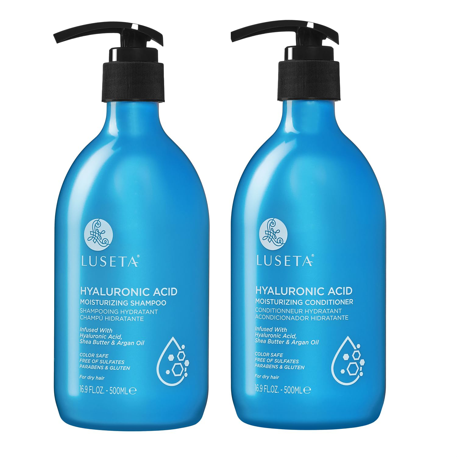 The image shows a Luseta Hyaluronic Acid Moisturizing Shampoo and Conditioner set, each 500ml, designed for dry hair, infused with hyaluronic acid, shea butter, and argan oil. They are color safe and free of sulfates, parabens, and gluten.