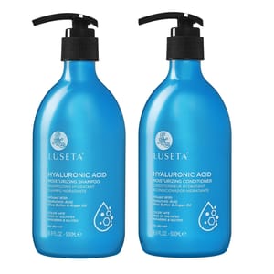The image shows a Luseta Hyaluronic Acid Moisturizing Shampoo and Conditioner set, each 500ml, designed for dry hair, infused with hyaluronic acid, shea butter, and argan oil. They are color safe and free of sulfates, parabens, and gluten.