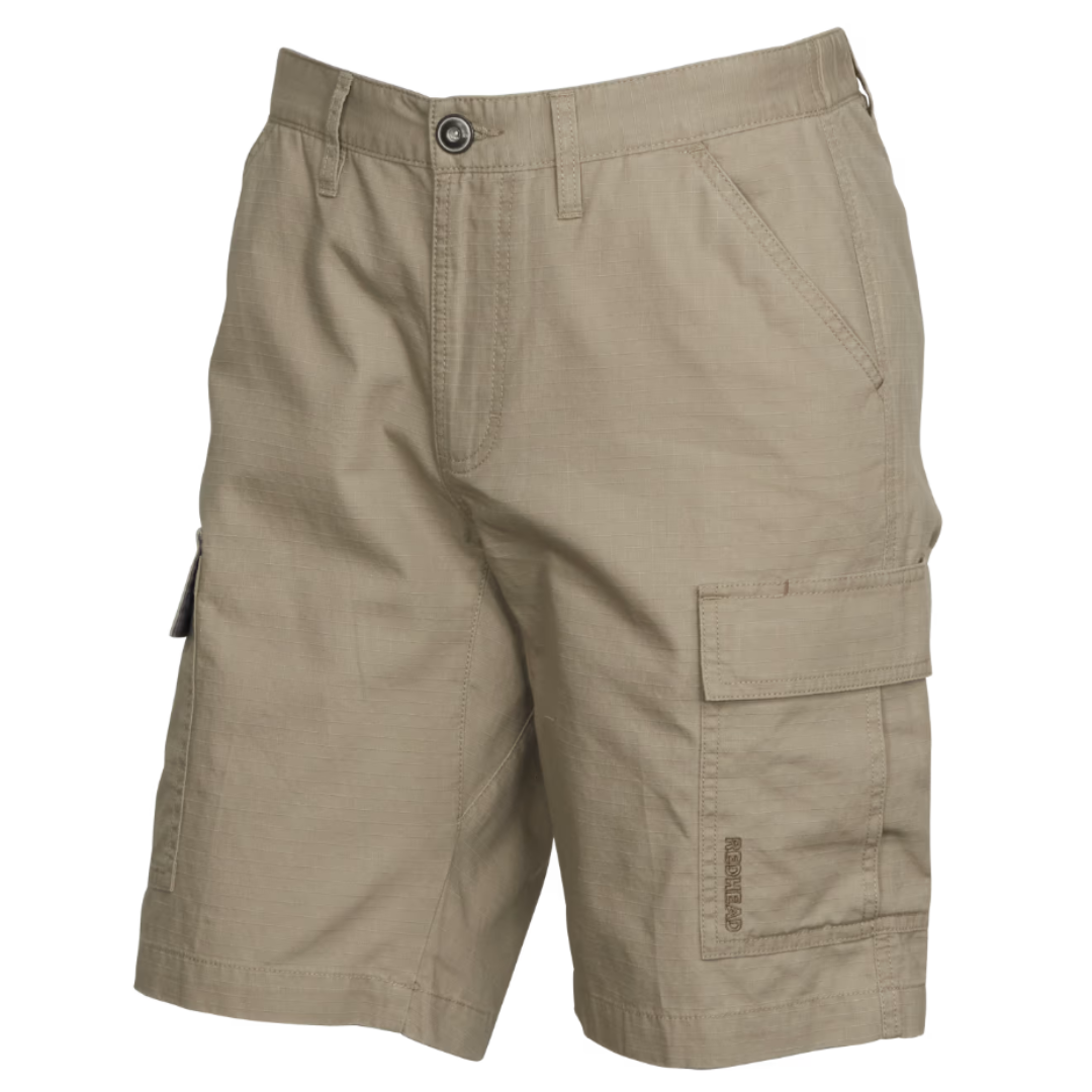 Khaki cargo shorts with side and back pockets.