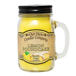 A jar candle from Our Own Candle Company labeled \“Lemon Poundcake,\“ with scents of lemon, sugar, and vanilla, made from soy blend wax.